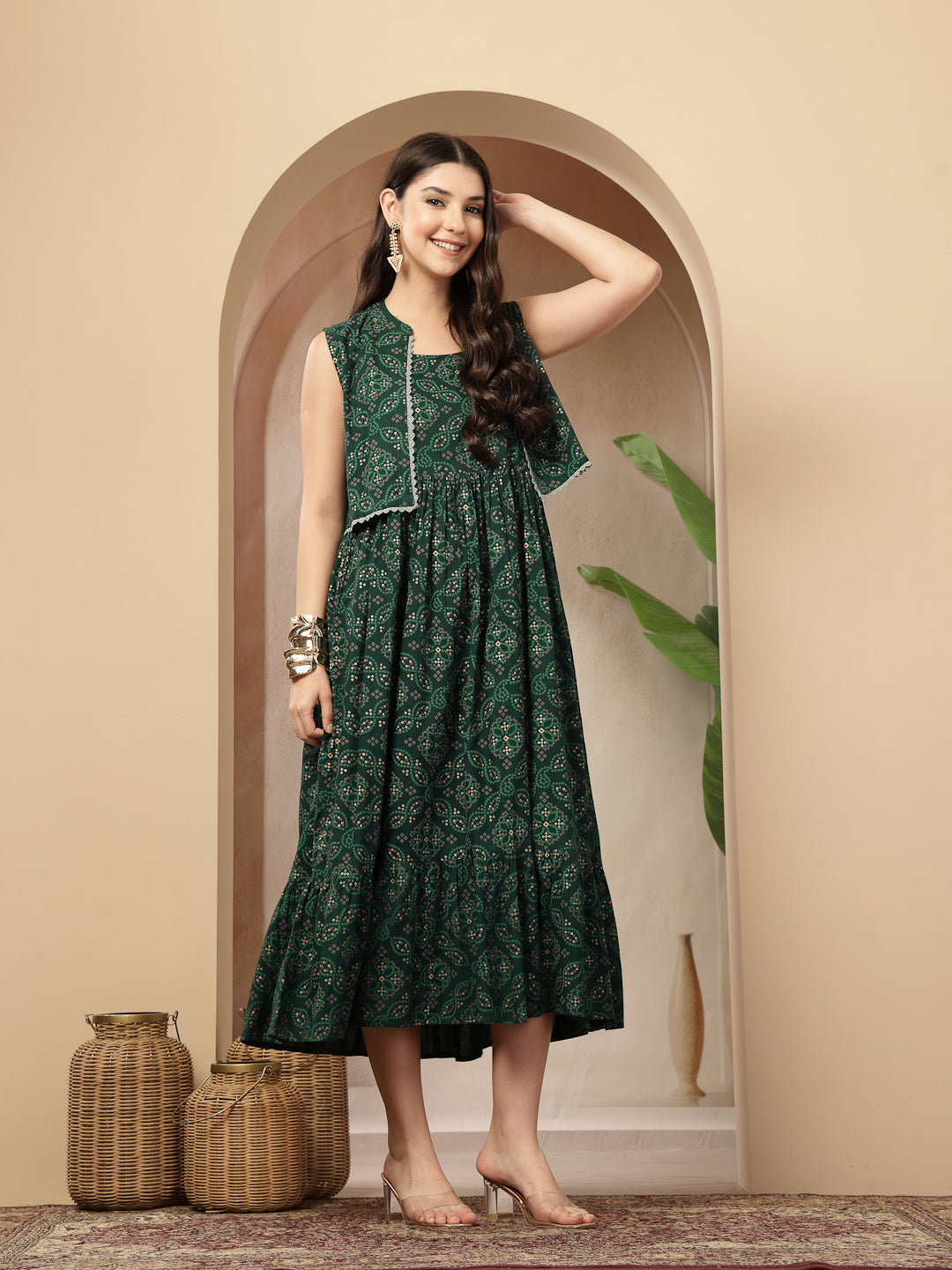 Women's Green Bandhej Printed Rayon Tiered Dress With Ethnic Jacket (D