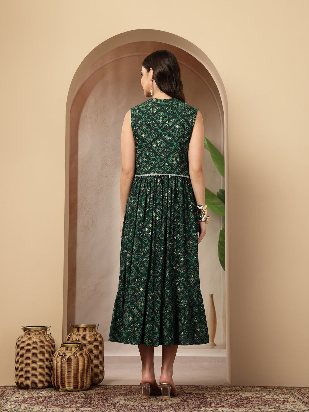 Women's Green Bandhej Printed Rayon Tiered Dress With Ethnic Jacket (D