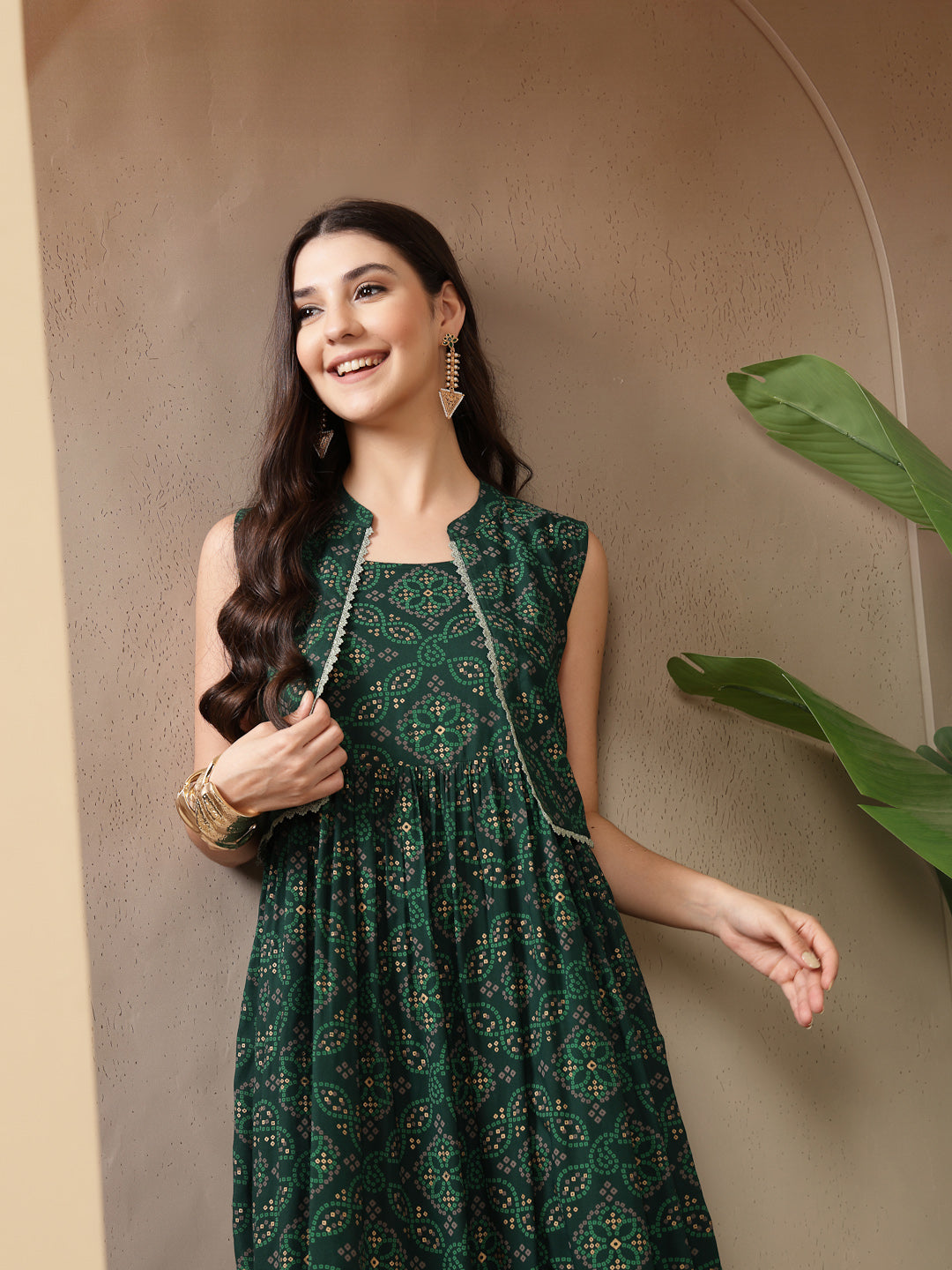 Women's Green Bandhej Printed Rayon Tiered Dress With Ethnic Jacket (D