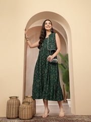 Styum Women's Green Bandhej Printed Rayon Tiered Dress With Ethnic Jacket (DRSGREENHIMALYA)