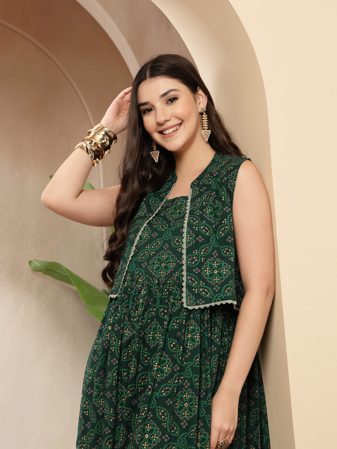 Women's Green Bandhej Printed Rayon Tiered Dress With Ethnic Jacket (D
