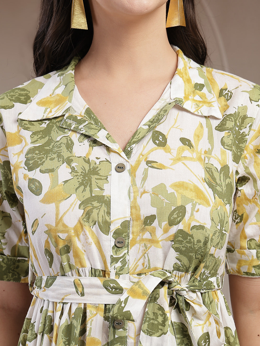Women's Green Floral Printed Cotton Flared Dress (DRSGREENKINNU) | Des