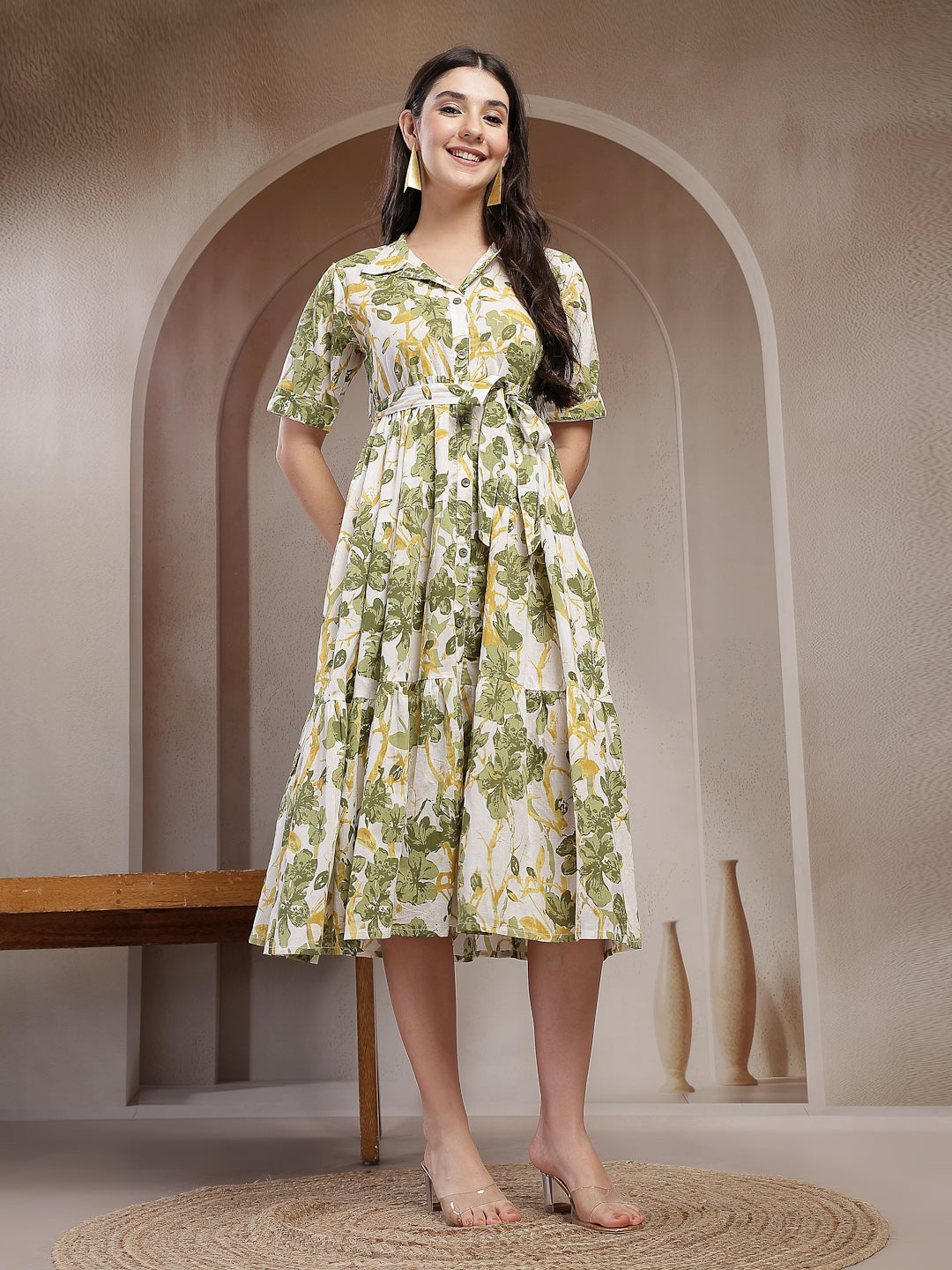 Women's Green Floral Printed Cotton Flared Dress (DRSGREENKINNU) | Des