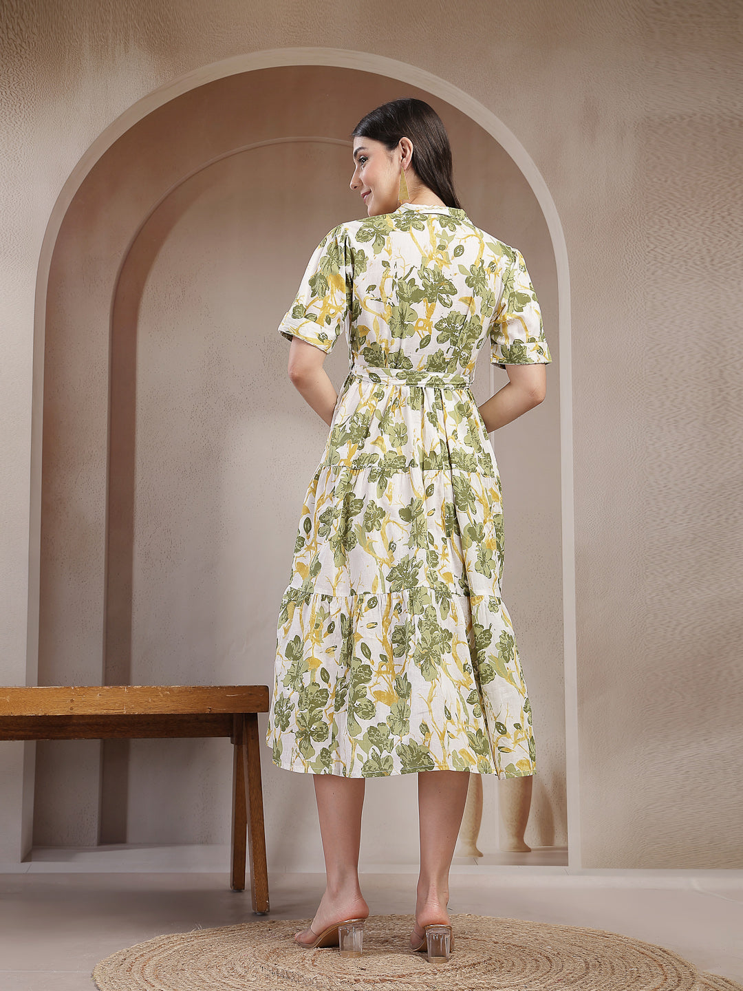 Women's Green Floral Printed Cotton Flared Dress (DRSGREENKINNU) | Des