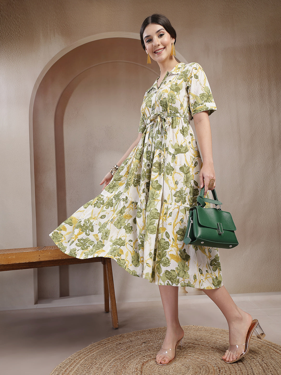 Women's Green Floral Printed Cotton Flared Dress (DRSGREENKINNU) | Des