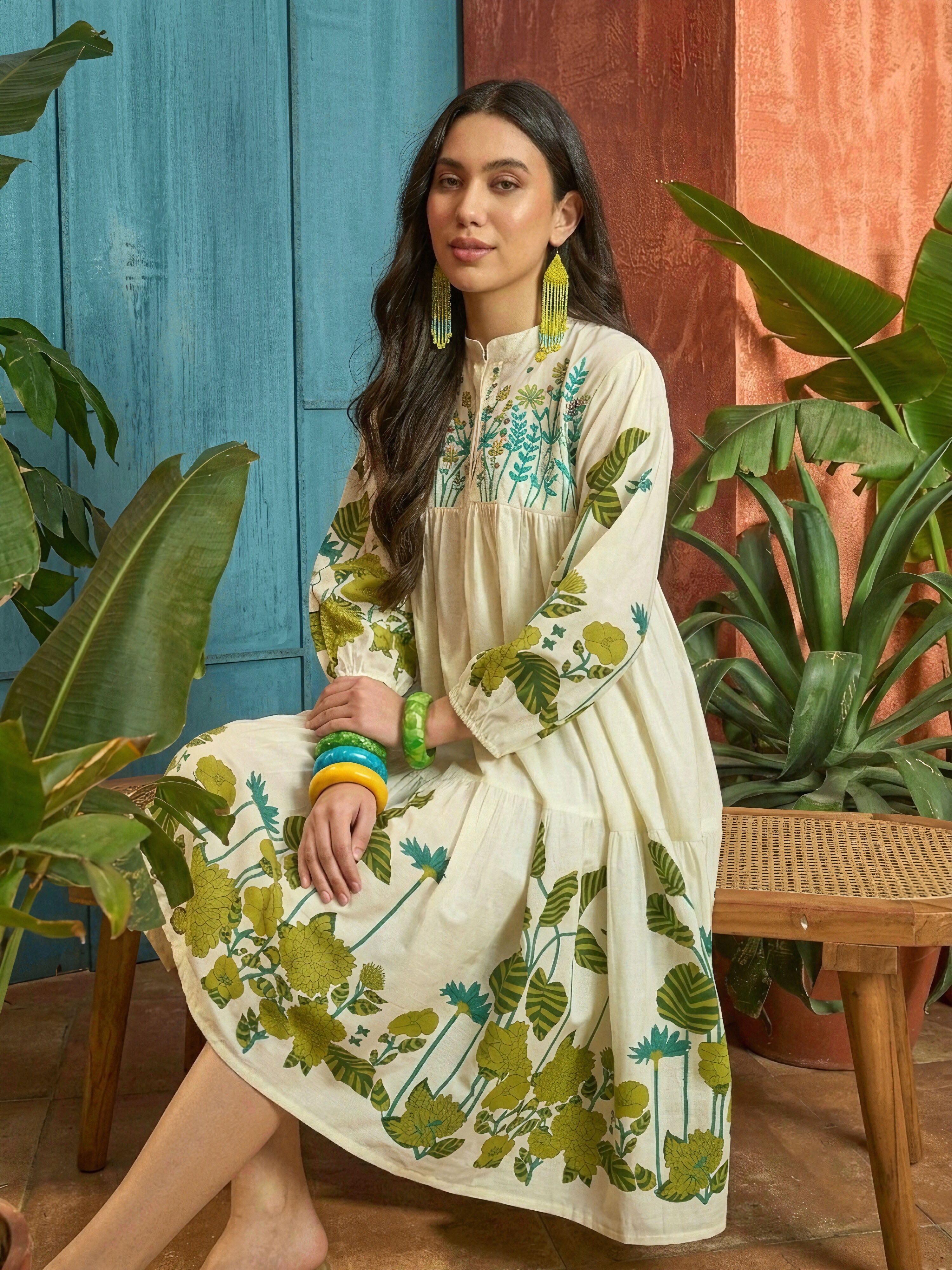 Women's Green Solid Embroidered Rayon Tiered Dress (DRSGREENKIONA) | D