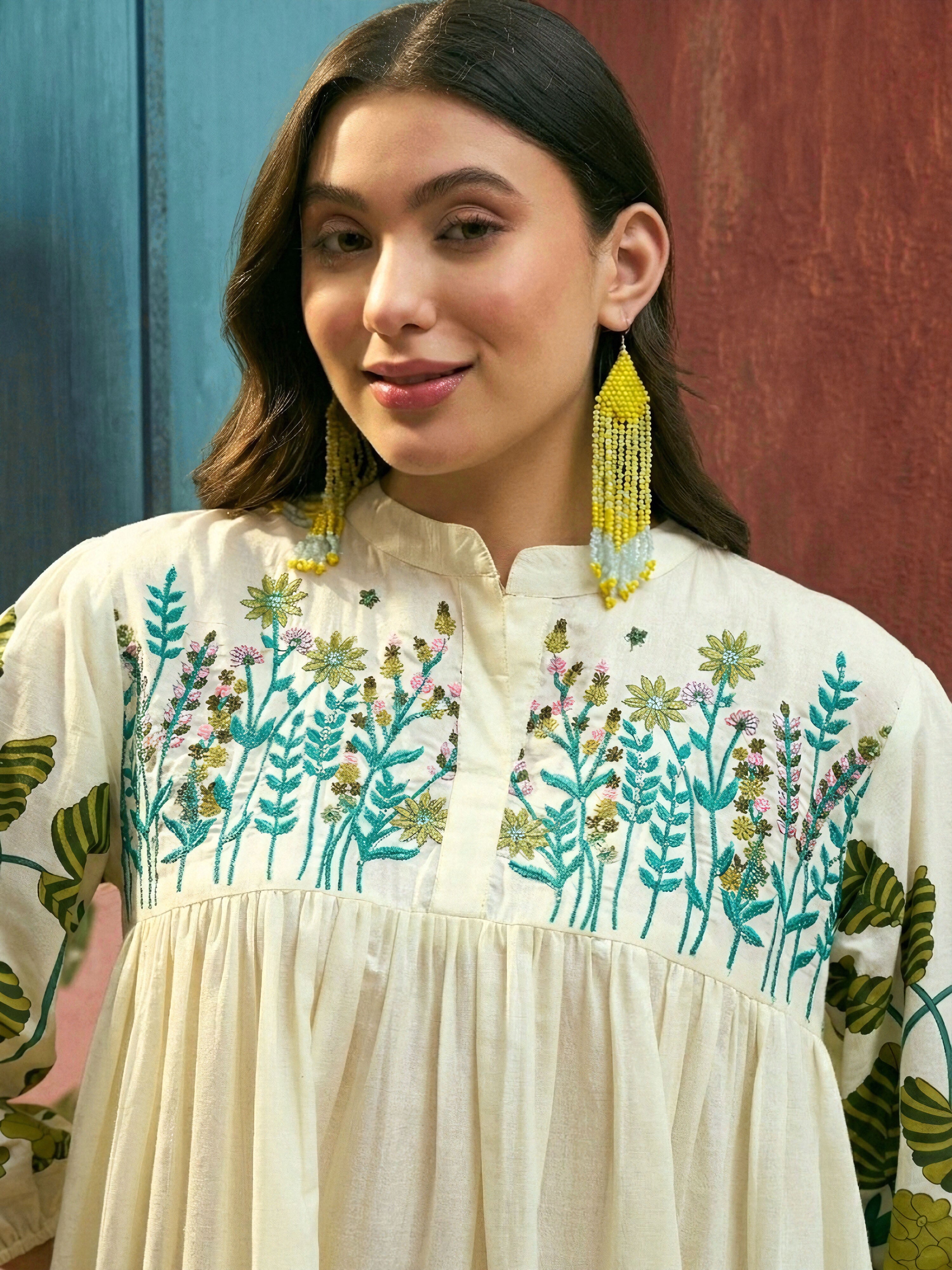 Women's Green Solid Embroidered Rayon Tiered Dress (DRSGREENKIONA) | D