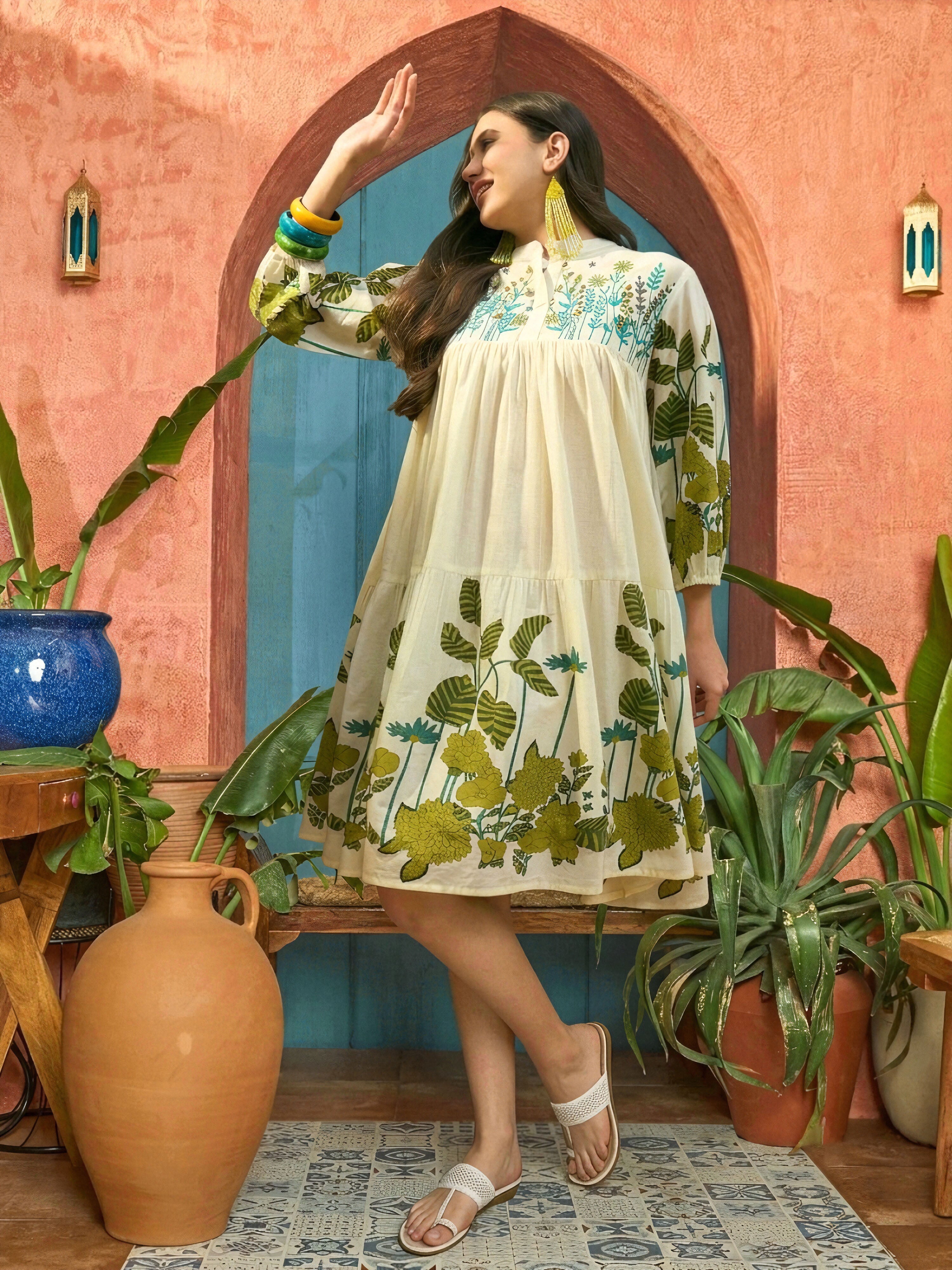 Women's Green Solid Embroidered Rayon Tiered Dress (DRSGREENKIONA) | D