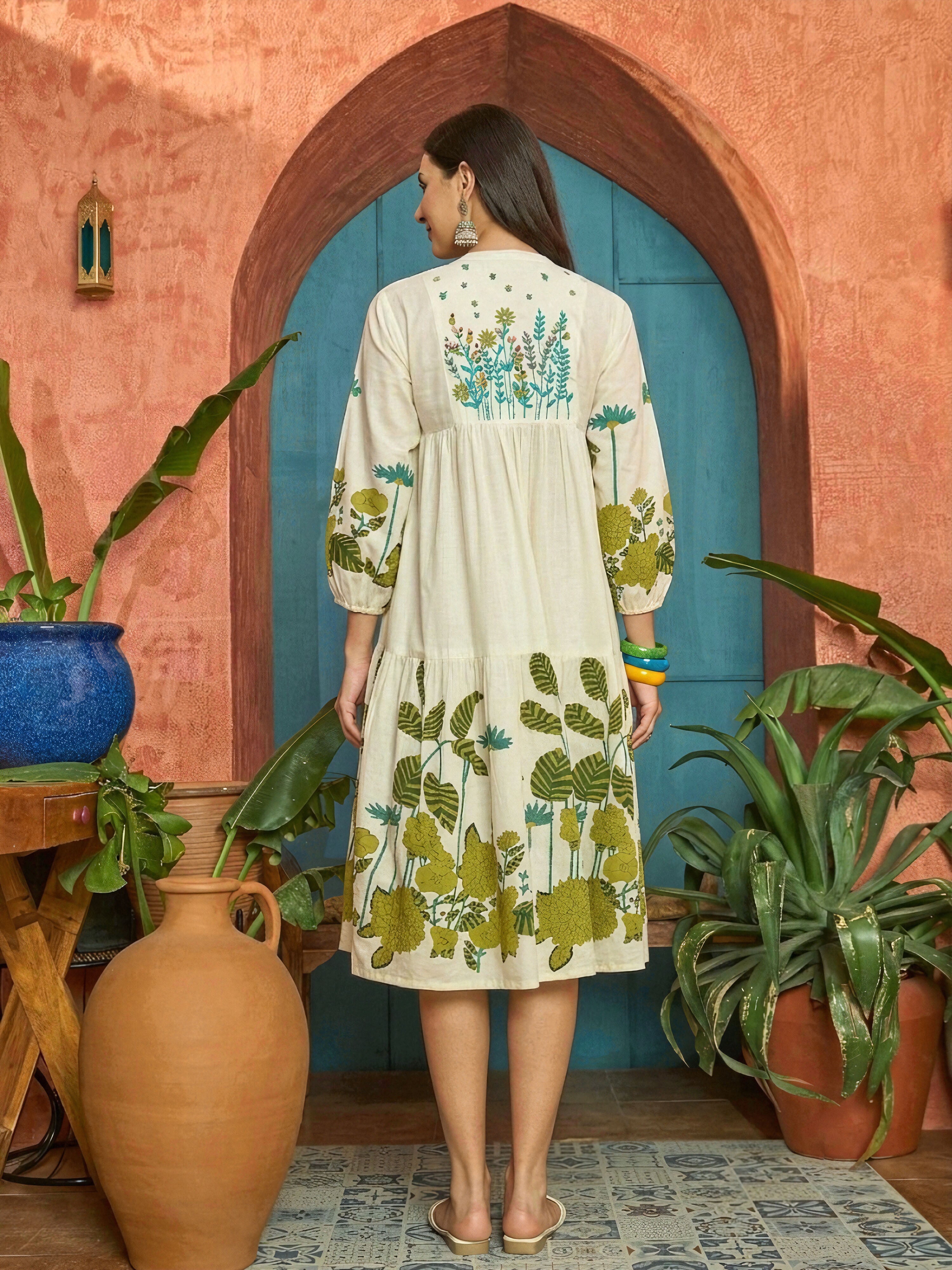 Women's Green Solid Embroidered Rayon Tiered Dress (DRSGREENKIONA) | D
