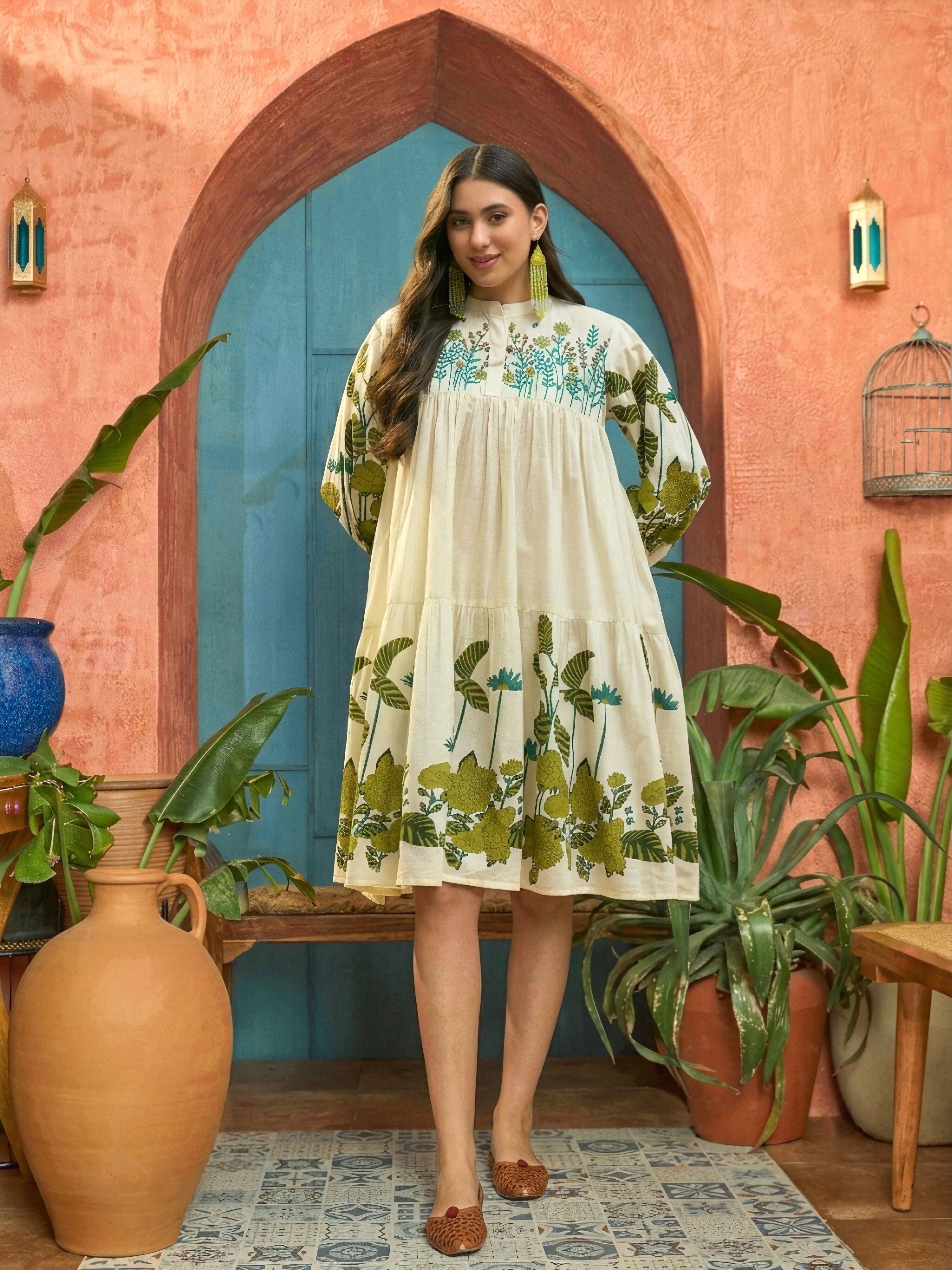 Women's Green Solid Embroidered Rayon Tiered Dress (DRSGREENKIONA) | D