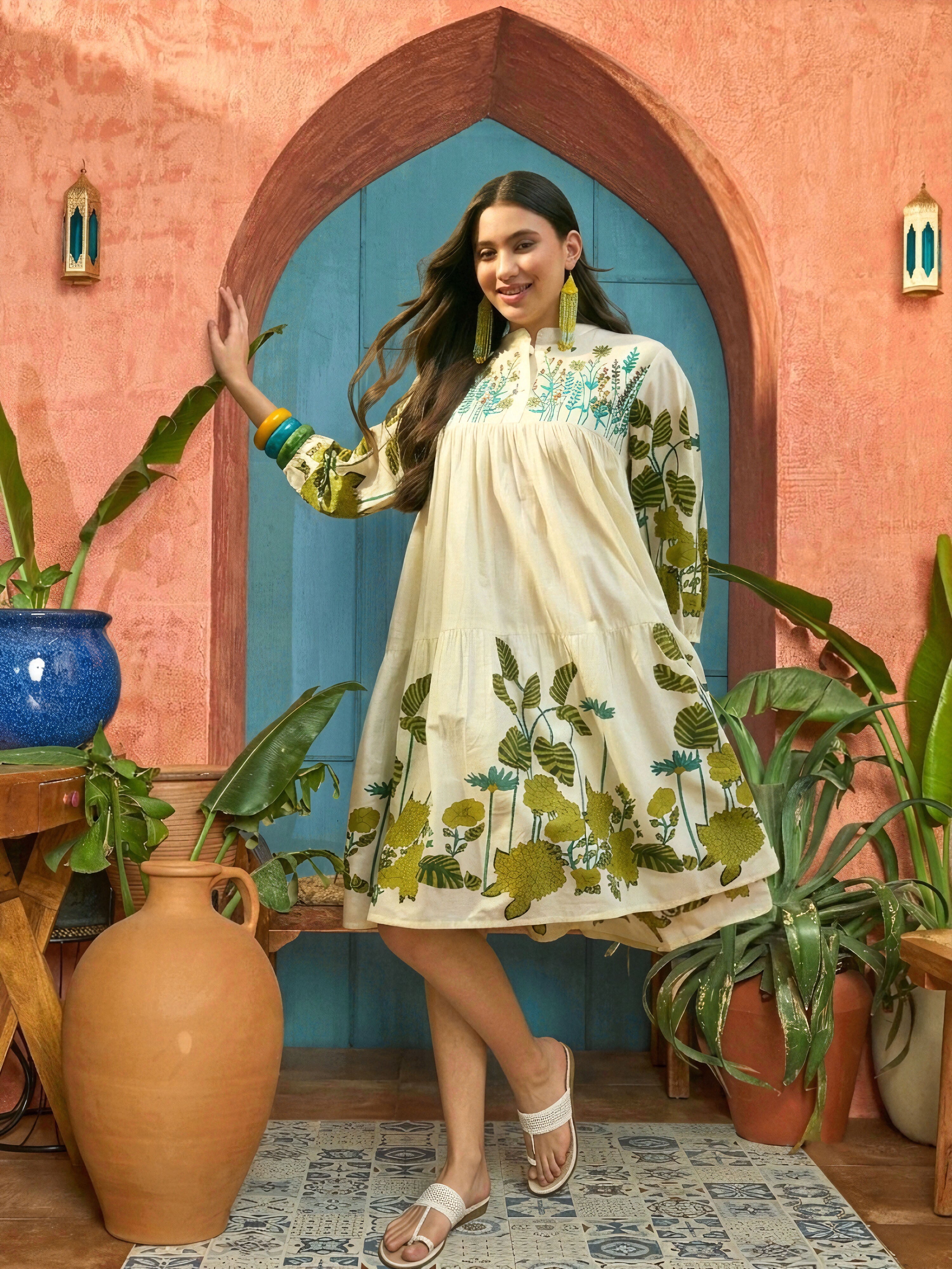 Women's Green Solid Embroidered Rayon Tiered Dress (DRSGREENKIONA) | D