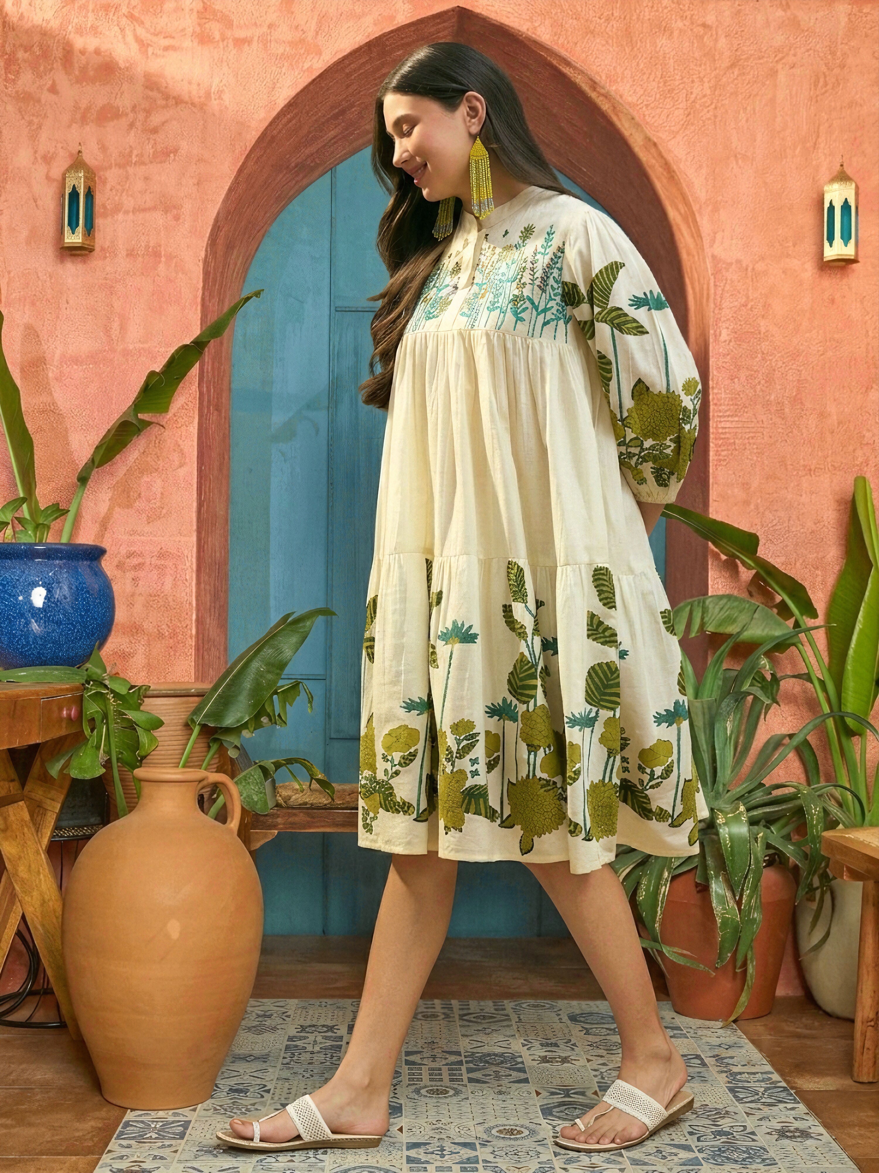 Women's Green Solid Embroidered Rayon Tiered Dress (DRSGREENKIONA) | D