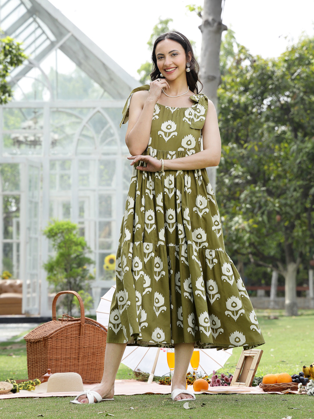 Stylum Women's Olive Green Floral Printed Cotton A-Line Dress (DRSGREENWILLOW)