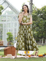Stylum Women's Olive Green Floral Printed Cotton A-Line Dress (DRSGREENWILLOW)