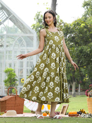 Stylum Women's Olive Green Floral Printed Cotton A-Line Dress (DRSGREENWILLOW)
