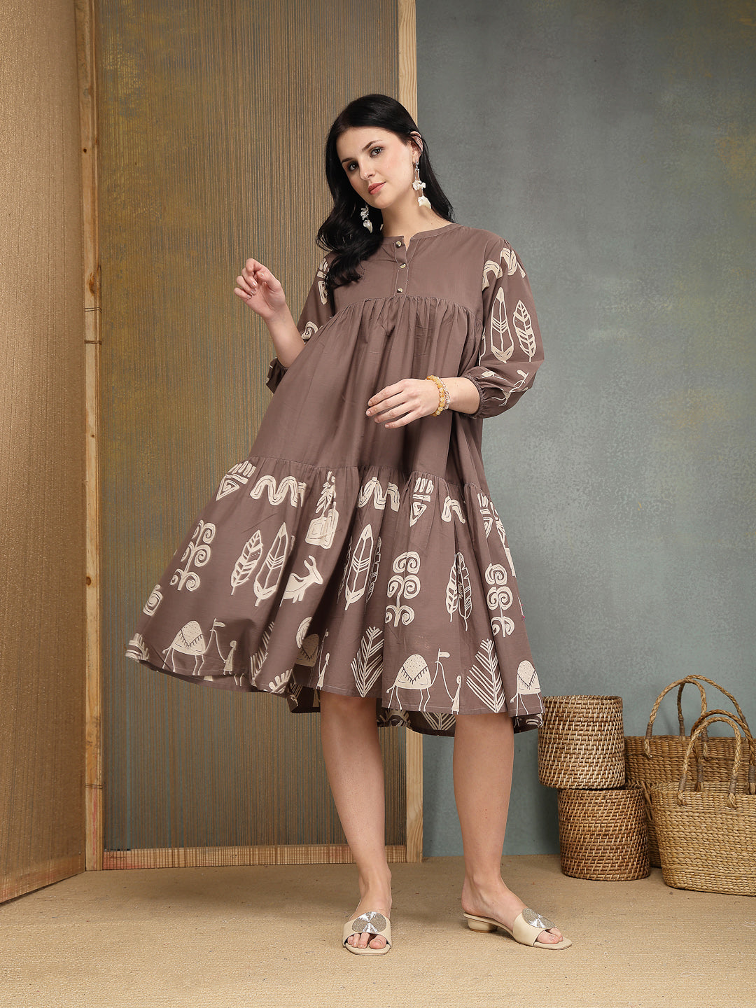 Stylum Women's Grey Boho Printed Cotton Tiered Dress (DRSGREYMAYURI)