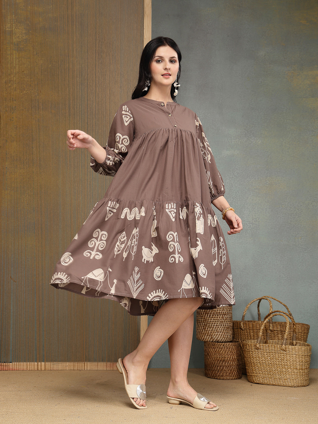 Women's Grey Boho Printed Cotton Tiered Dress (DRSGREYMAYURI) | DesiQl