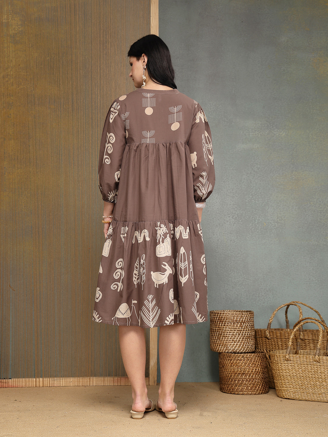 Women's Grey Boho Printed Cotton Tiered Dress (DRSGREYMAYURI) | DesiQl
