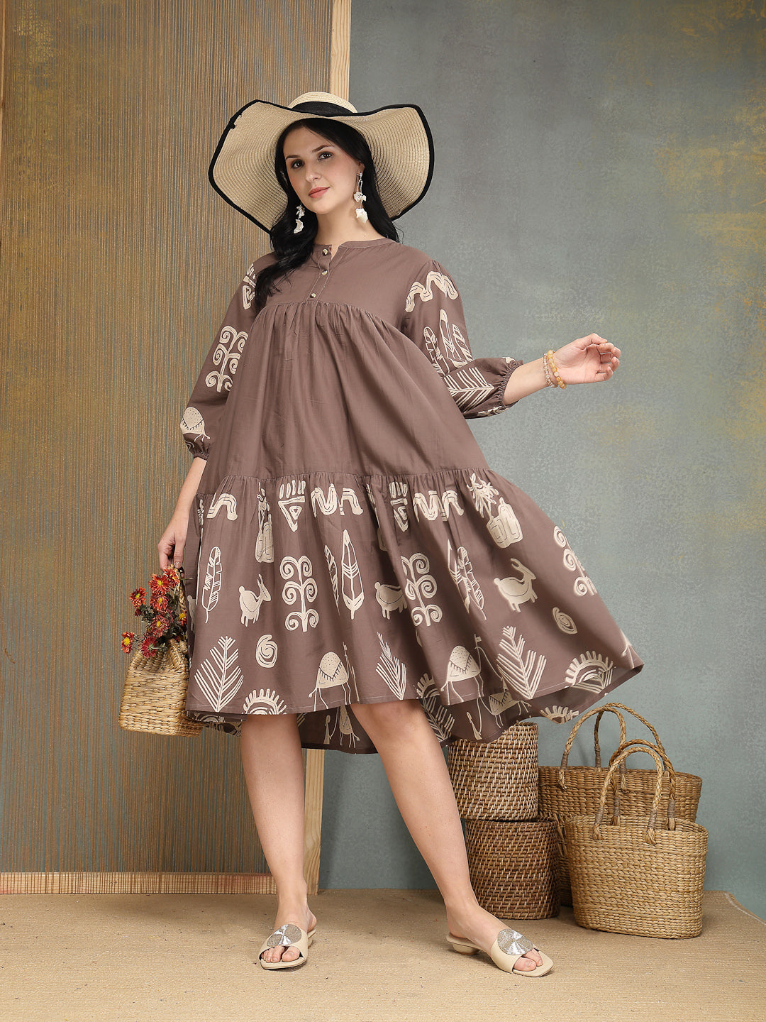 Women's Grey Boho Printed Cotton Tiered Dress (DRSGREYMAYURI) | DesiQl