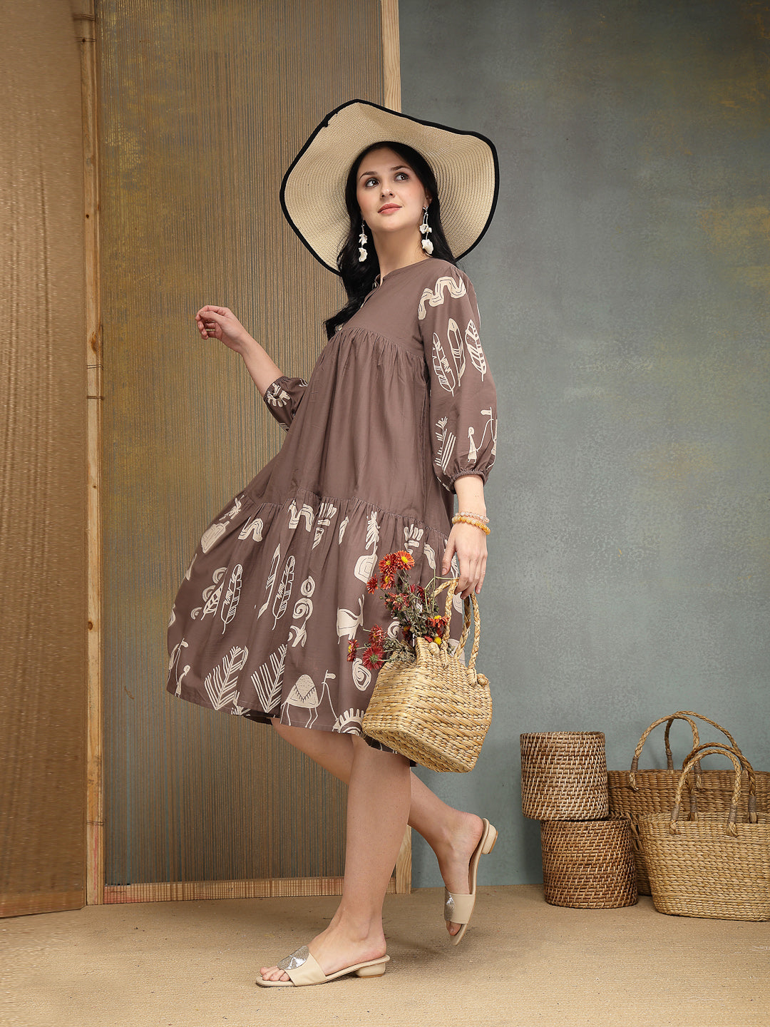 Women's Grey Boho Printed Cotton Tiered Dress (DRSGREYMAYURI) | DesiQl