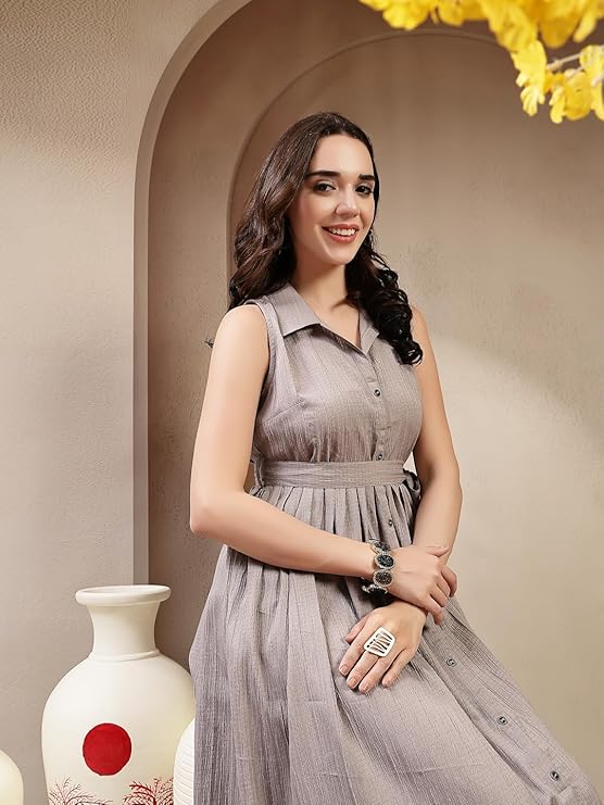 Women's Grey Self Design Crepe Pleated Dress (DRSGREYMOSS) | DesiQlo
