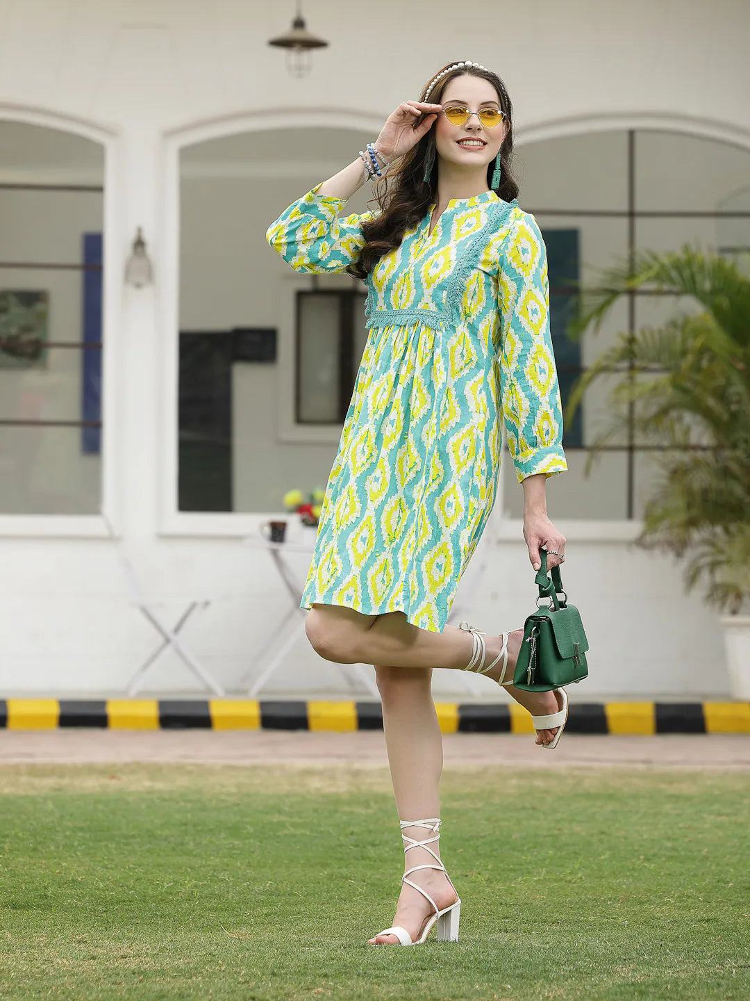 Tropical Cotton A-Line Dress - Shop Indian Cotton Dresses Online Green / XS Tropical Cotton A-Line Dress - Shop Indian Cotton Dresses Online Green / XS