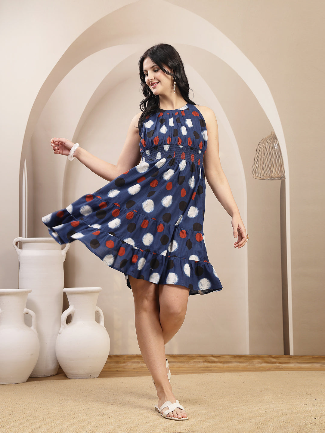Women's Indigo Polka Dots Printed Cotton Tiered Dress (DRSINDIGORYTHEM