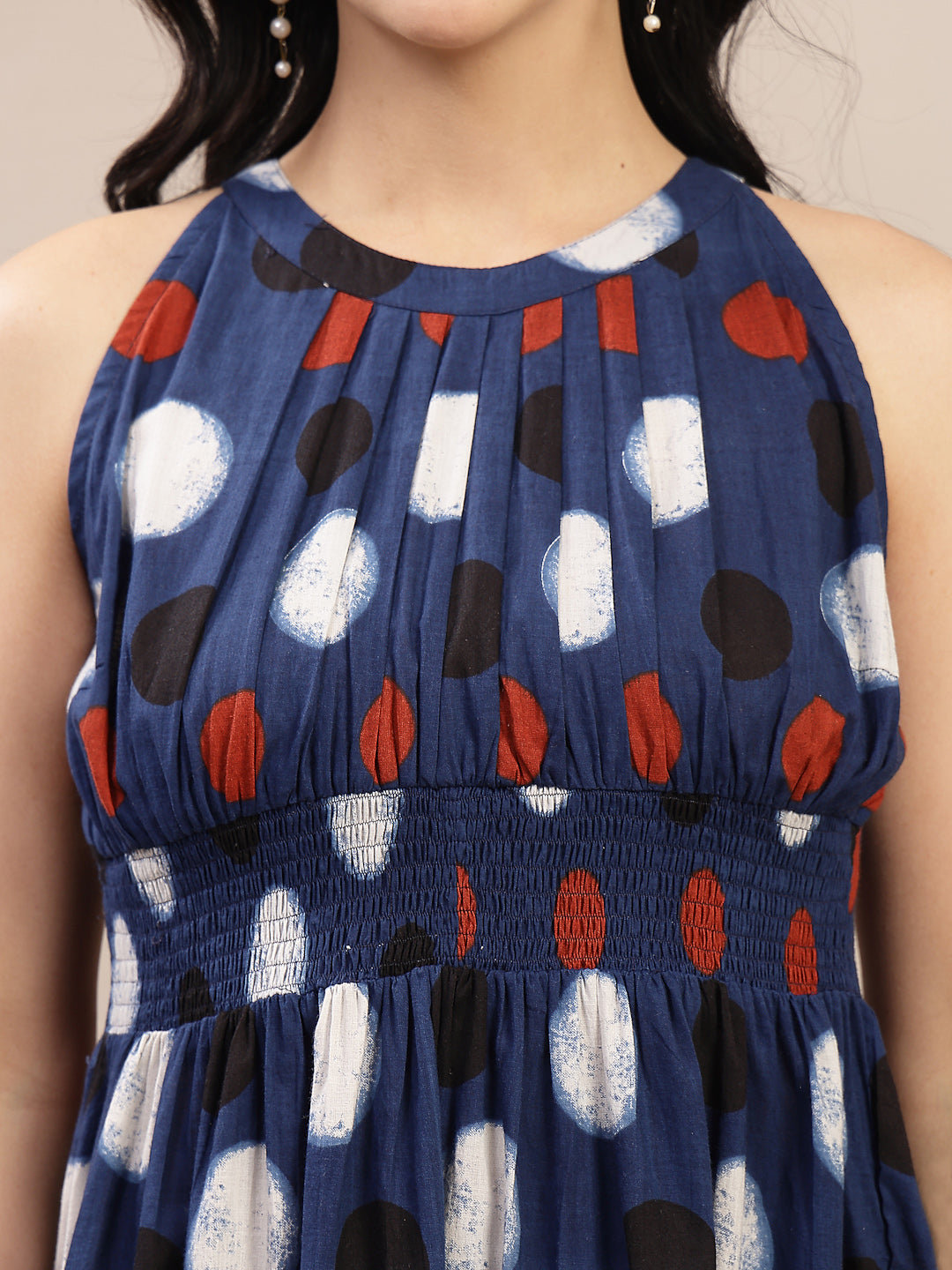 Women's Indigo Polka Dots Printed Cotton Tiered Dress (DRSINDIGORYTHEM