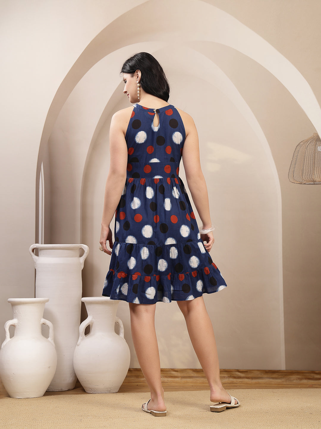 Women's Indigo Polka Dots Printed Cotton Tiered Dress (DRSINDIGORYTHEM