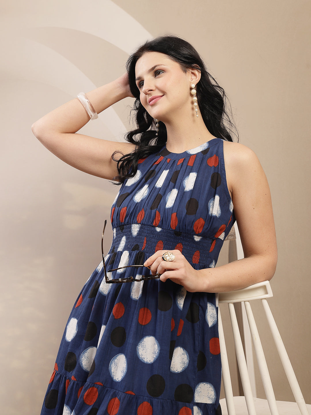 Women's Indigo Polka Dots Printed Cotton Tiered Dress (DRSINDIGORYTHEM