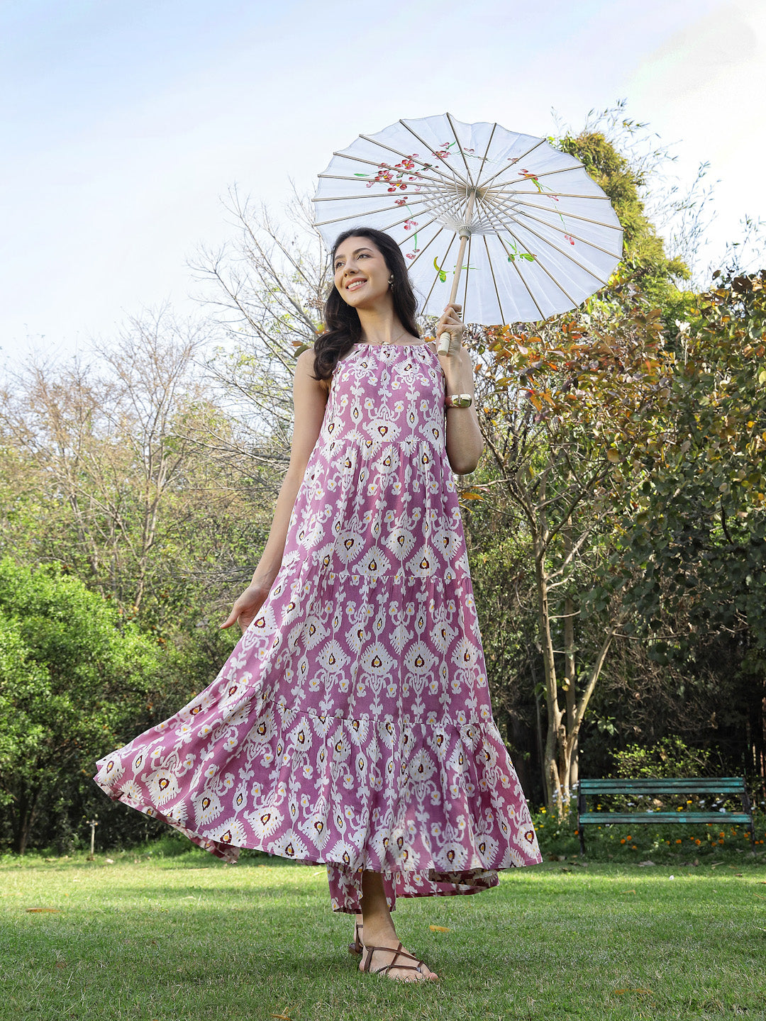 Women's Lavender Ikat Printed Rayon Tiered Dress (DRSLAVENDERIRON) | D