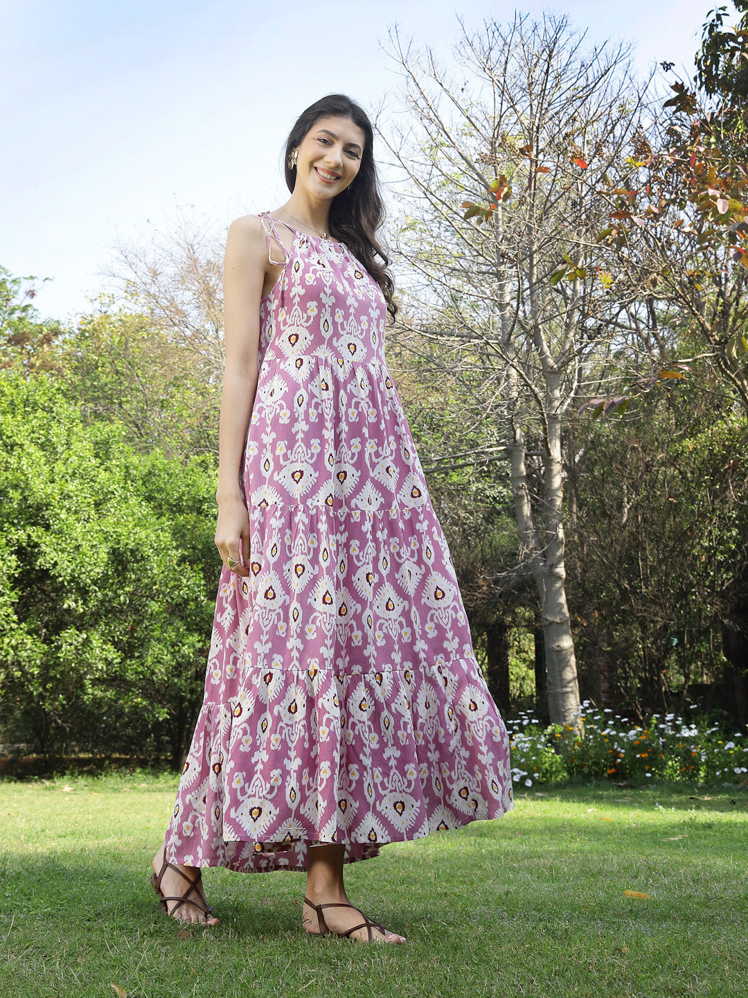 Women's Lavender Ikat Printed Rayon Tiered Dress (DRSLAVENDERIRON) | D