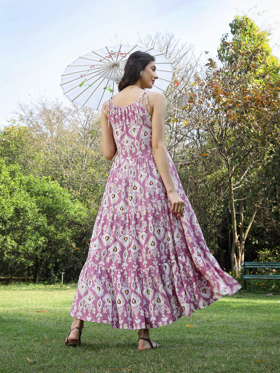 Women's Lavender Ikat Printed Rayon Tiered Dress (DRSLAVENDERIRON) | D