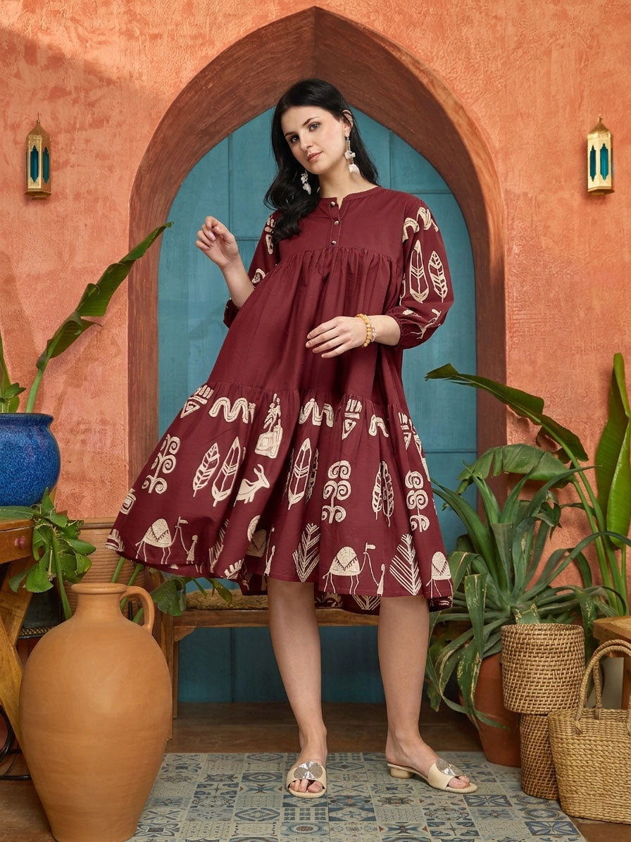 Women's Maroon Boho Printed Cotton Tiered Dress (DRSMAROONMAYURI) | De
