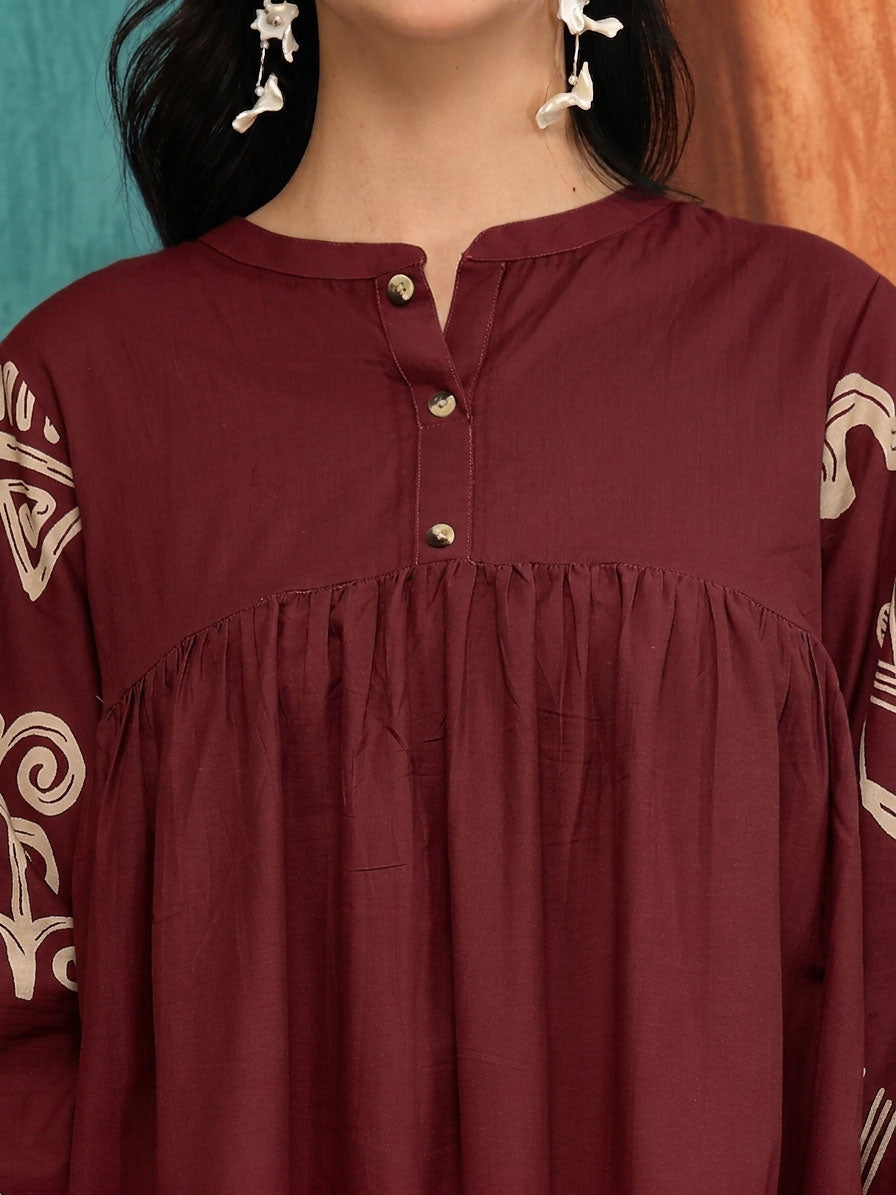 Women's Maroon Boho Printed Cotton Tiered Dress (DRSMAROONMAYURI) | De