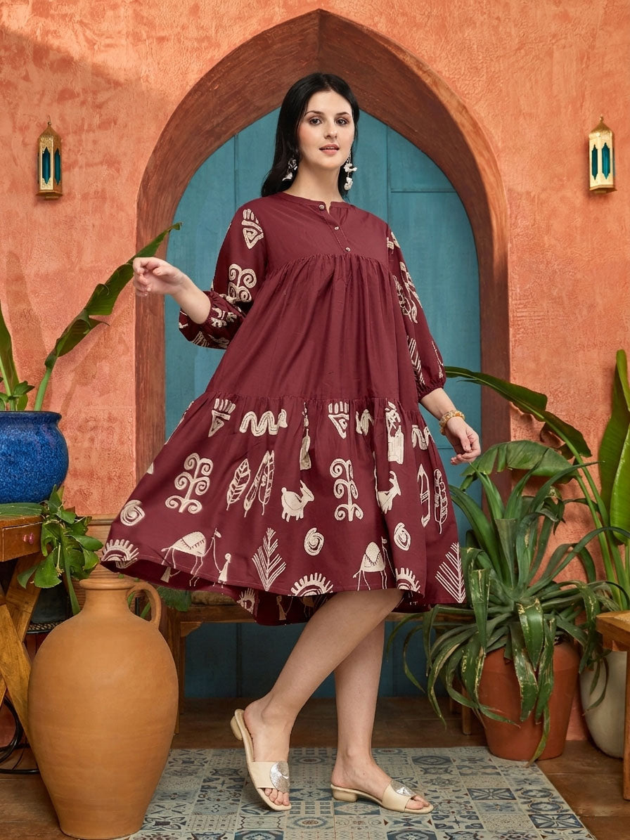 Women's Maroon Boho Printed Cotton Tiered Dress (DRSMAROONMAYURI) | De