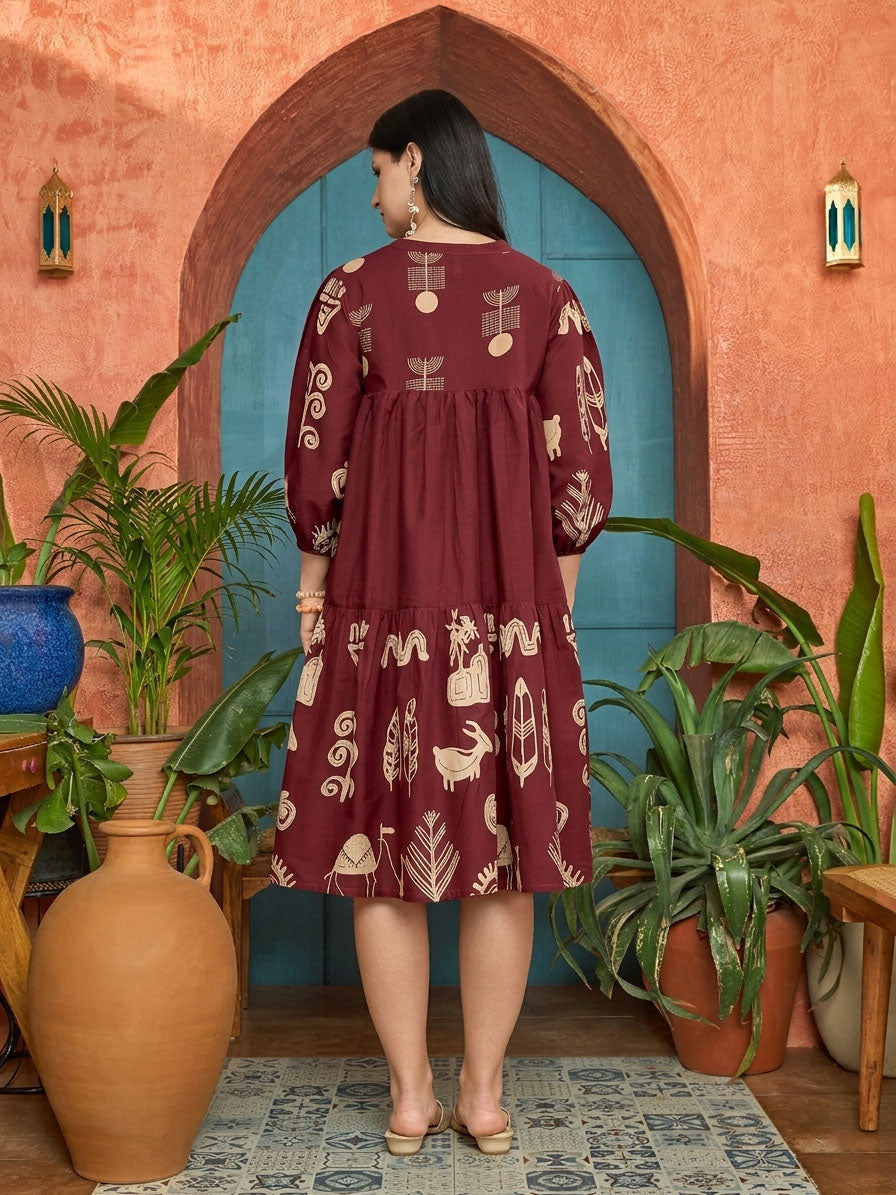 Women's Maroon Boho Printed Cotton Tiered Dress (DRSMAROONMAYURI) | De