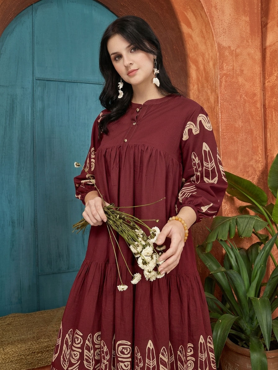 Women's Maroon Boho Printed Cotton Tiered Dress (DRSMAROONMAYURI) | De