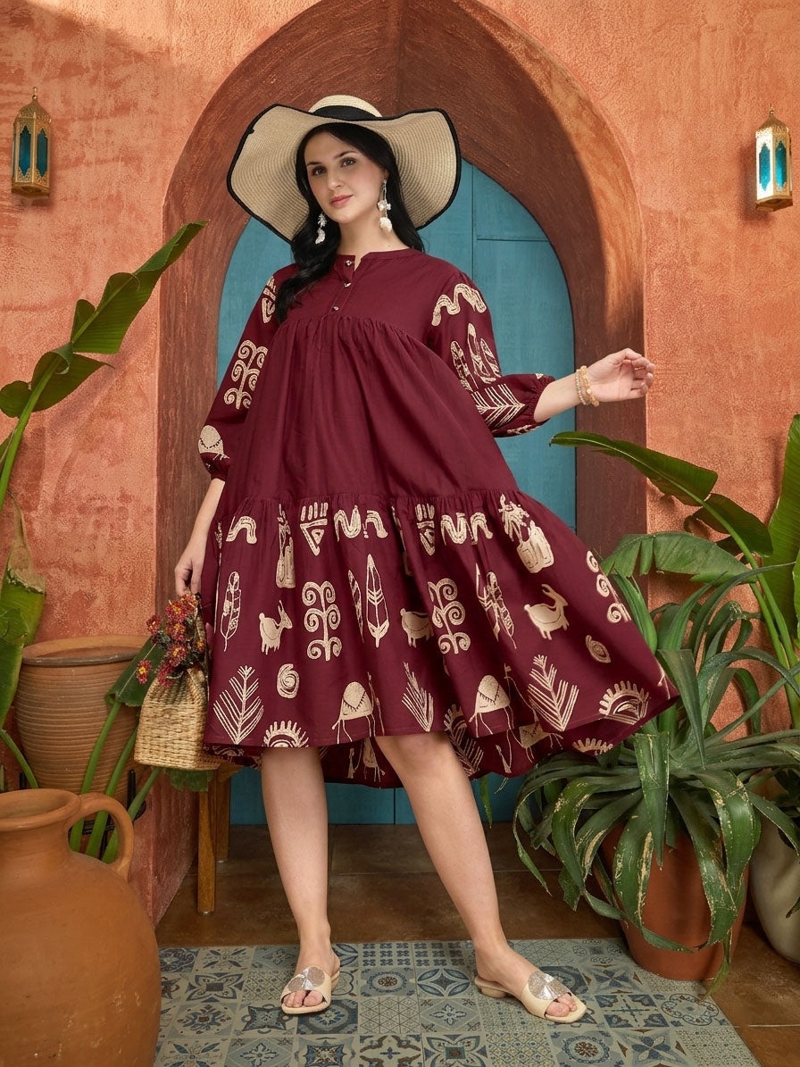 Women's Maroon Boho Printed Cotton Tiered Dress (DRSMAROONMAYURI) | De