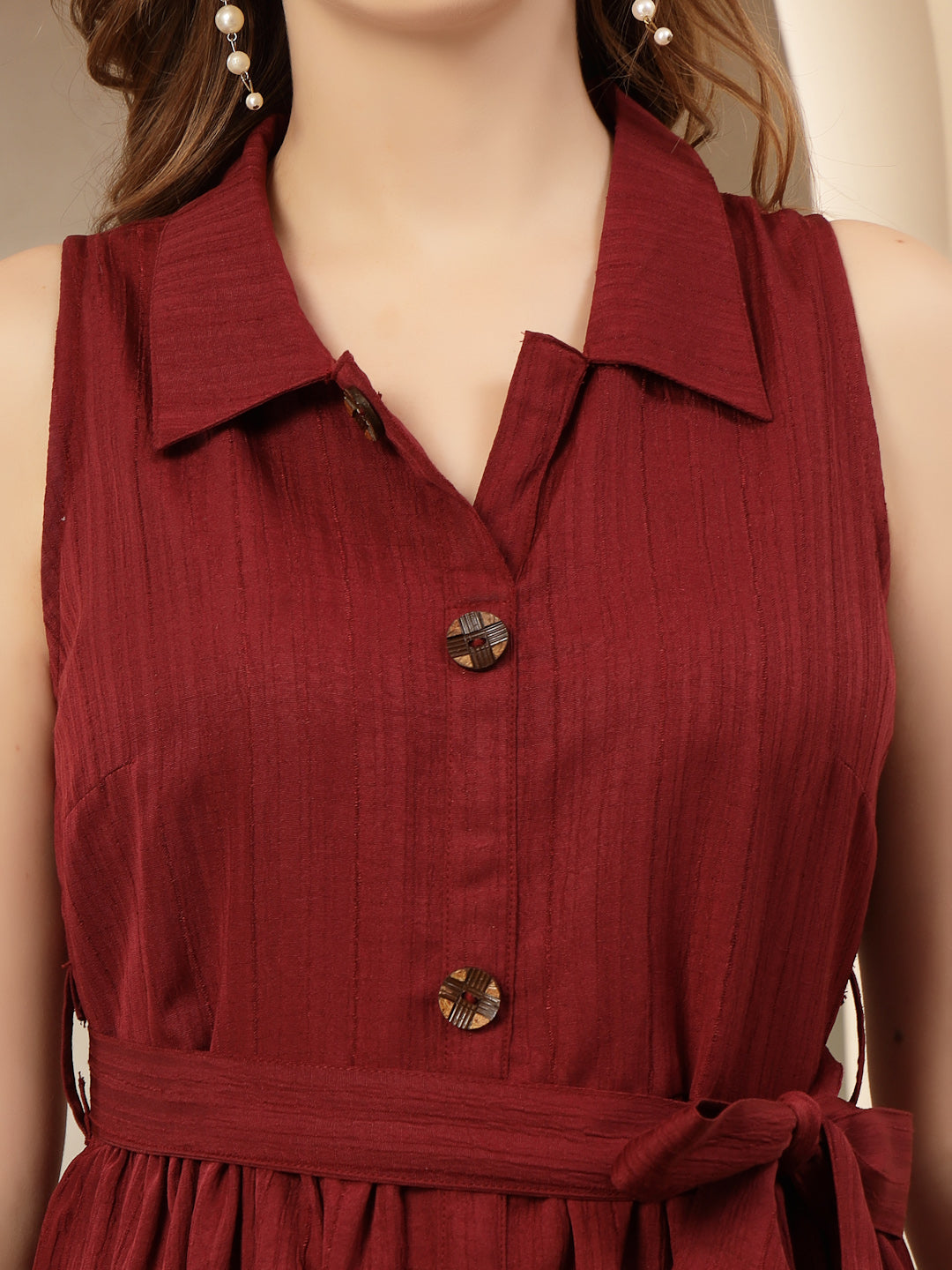 Women's Maroon Self Design Crepe Pleated Dress (DRSMAROONMOSS) | DesiQ