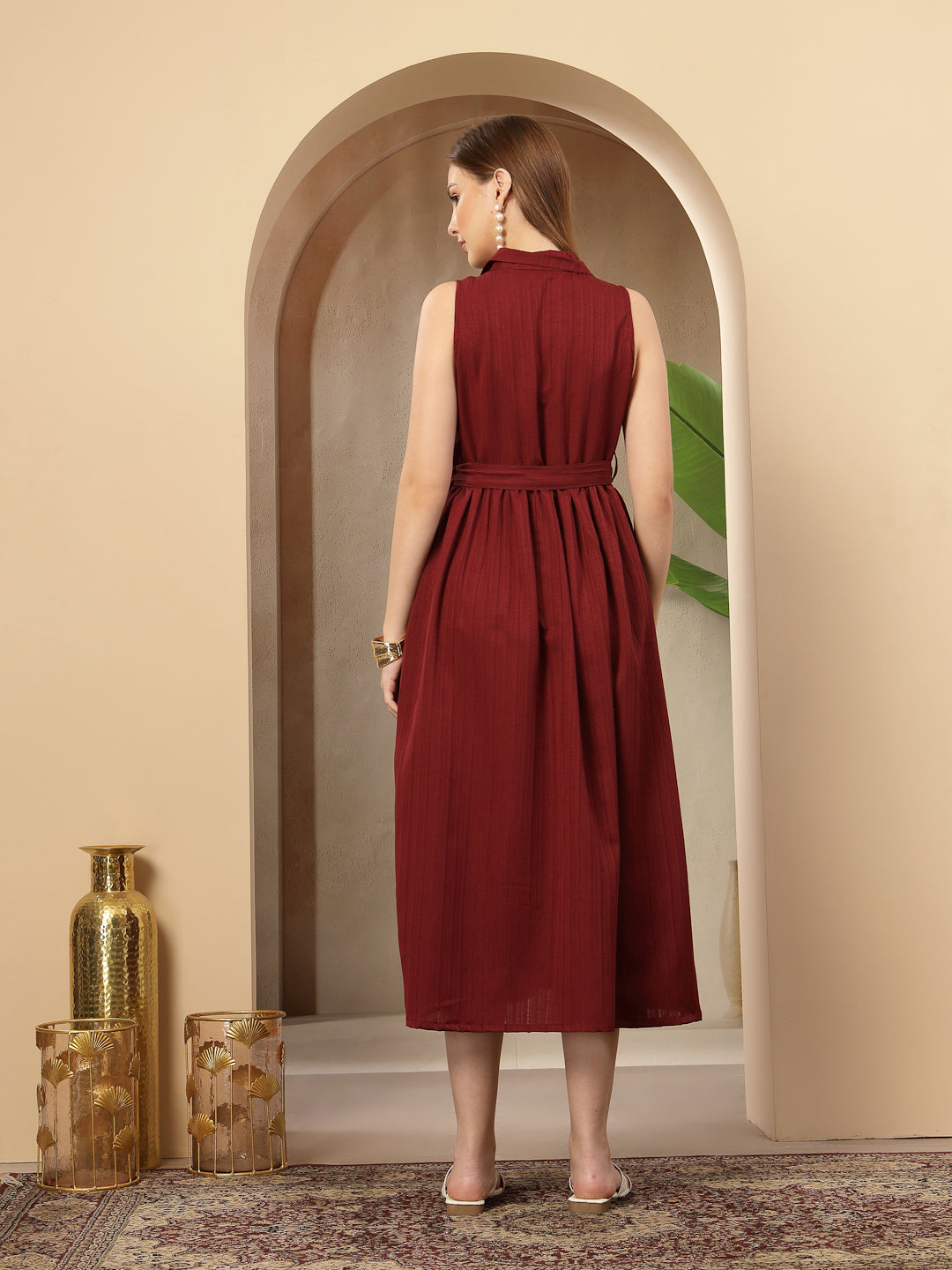Women's Maroon Self Design Crepe Pleated Dress (DRSMAROONMOSS) | DesiQ