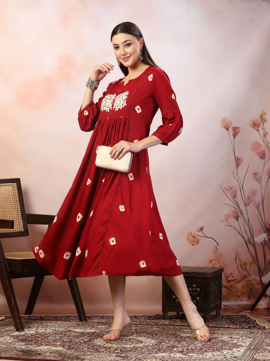 Women's Maroon Bandhej Printed & Embroidered Rayon Maxi Dress-DRSMAROONROSE 1080