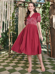 Stylum Women's Maroon Solid Cotton Flared Dress (DRSMAROONYUNA)