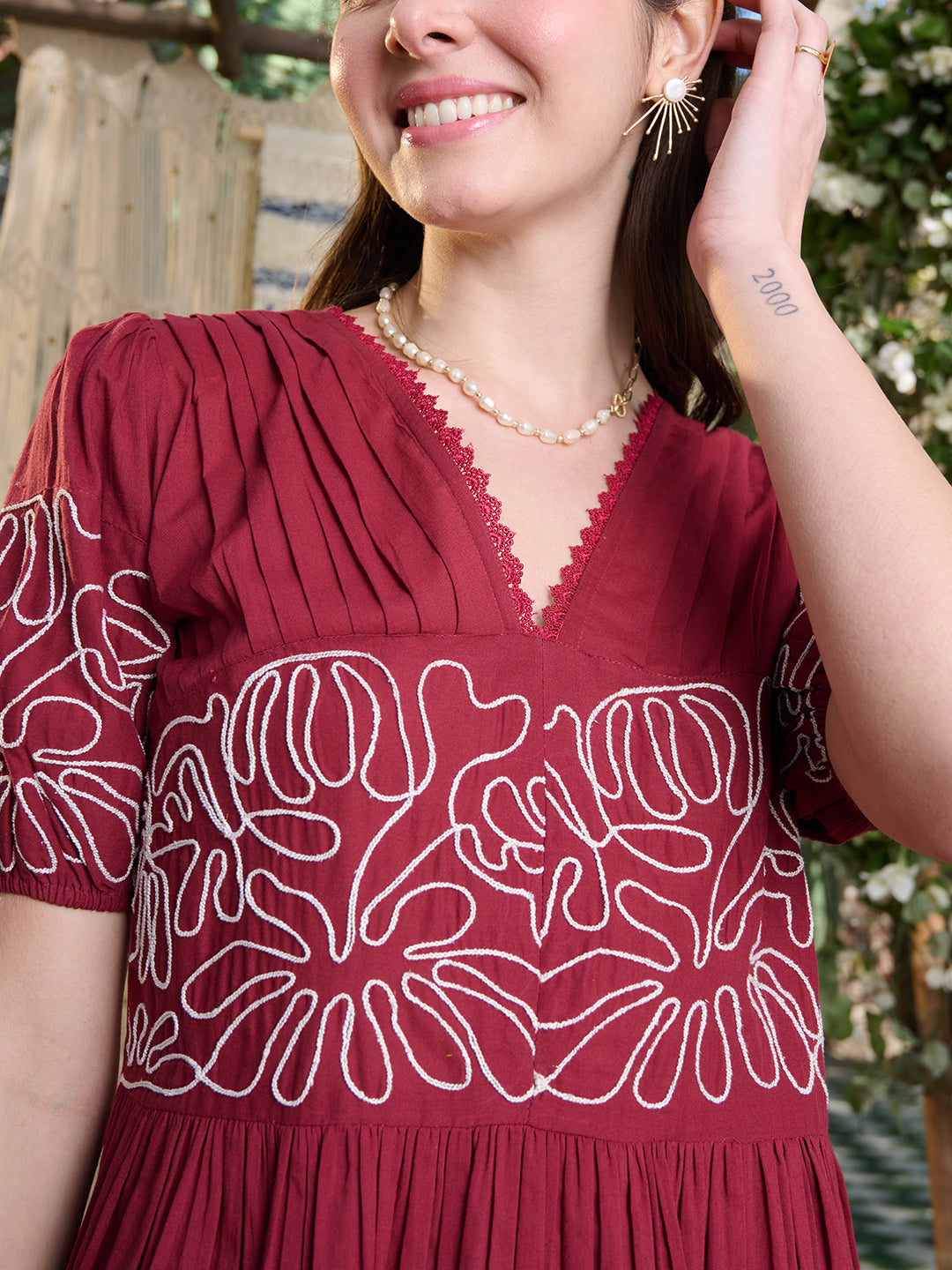 Women's Maroon Solid Cotton Flared Dress (DRSMAROONYUNA) | DesiQlo