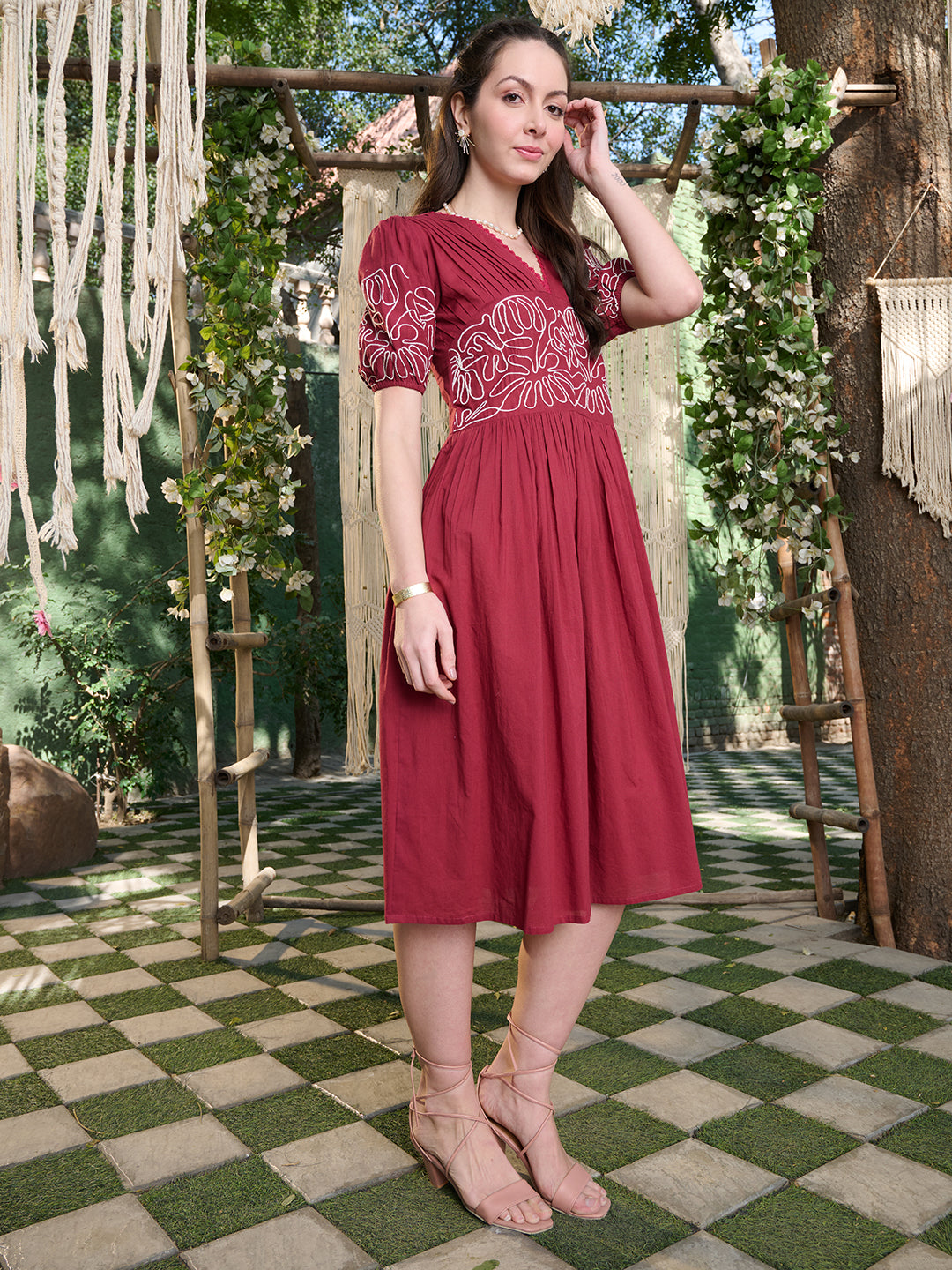 Women's Maroon Solid Cotton Flared Dress (DRSMAROONYUNA) | DesiQlo