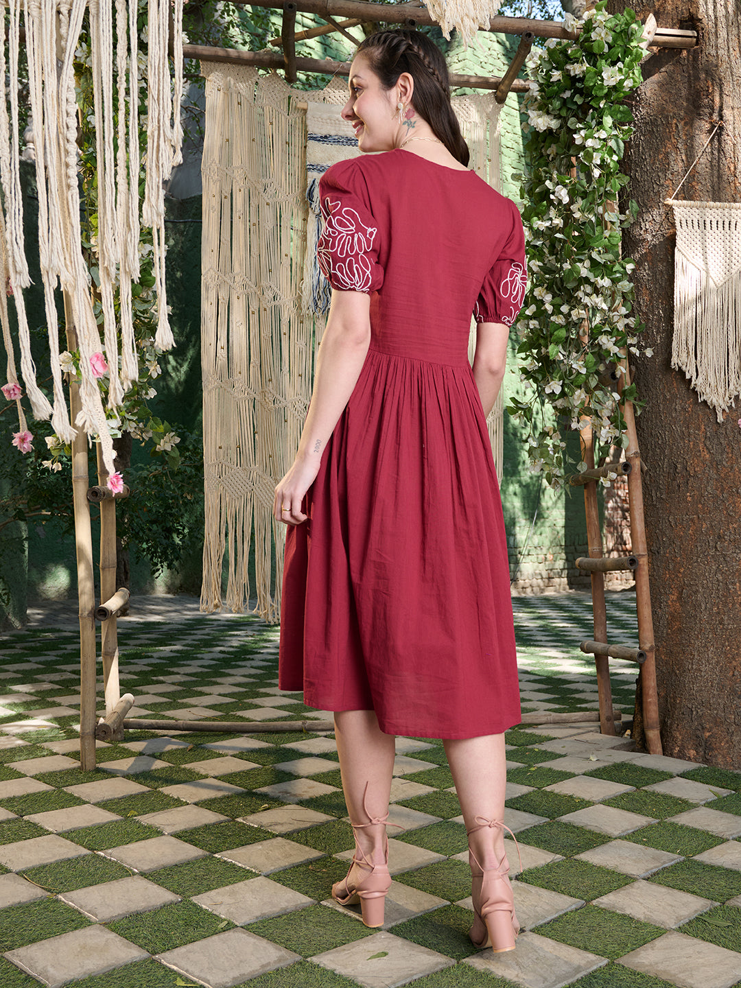 Women's Maroon Solid Cotton Flared Dress (DRSMAROONYUNA) | DesiQlo