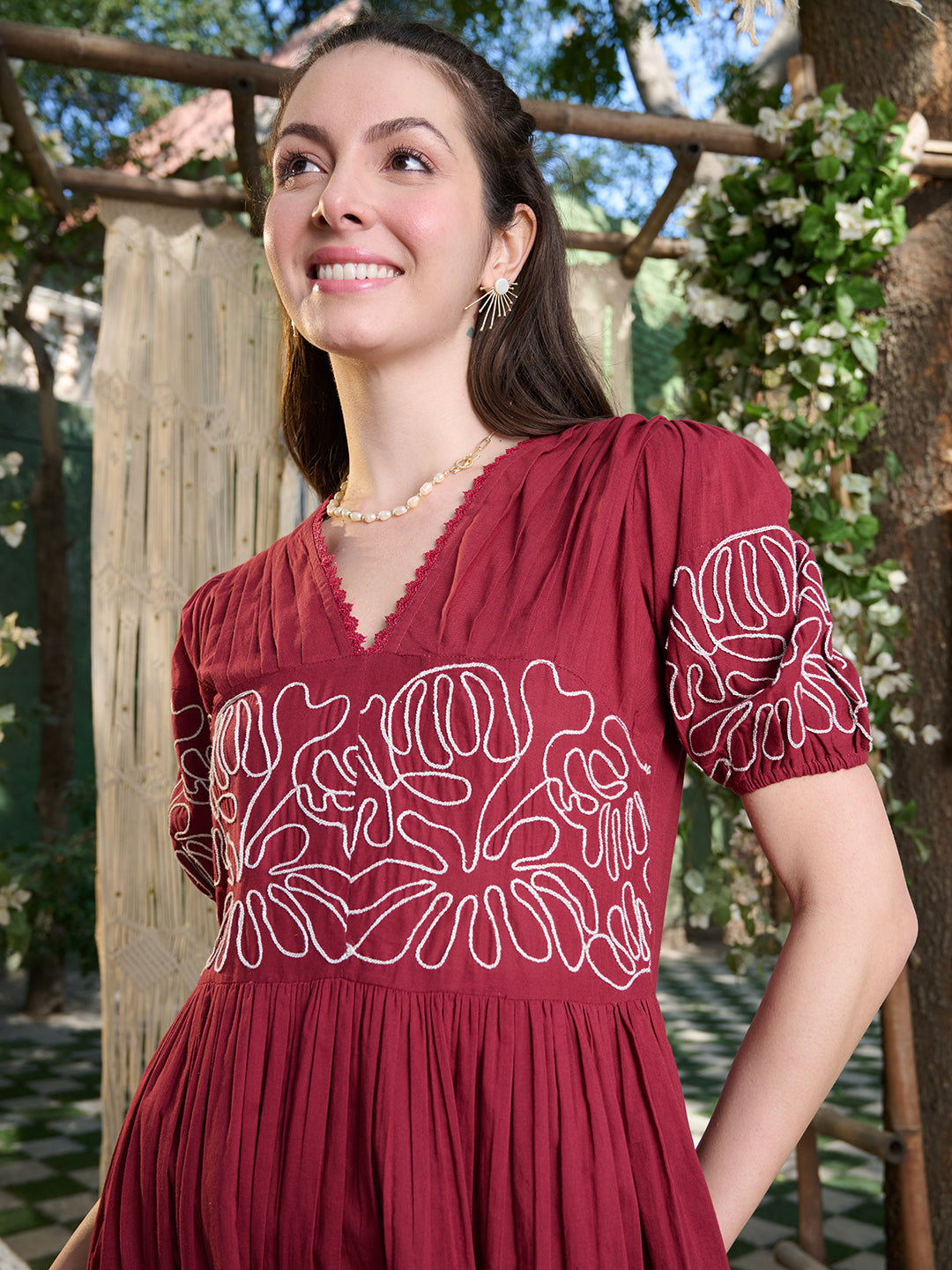 Women's Maroon Solid Cotton Flared Dress (DRSMAROONYUNA) | DesiQlo