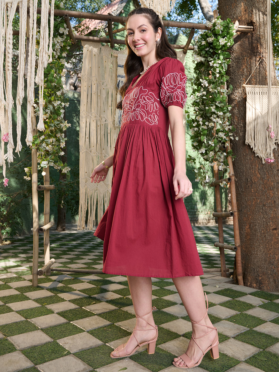 Women's Maroon Solid Cotton Flared Dress (DRSMAROONYUNA) | DesiQlo