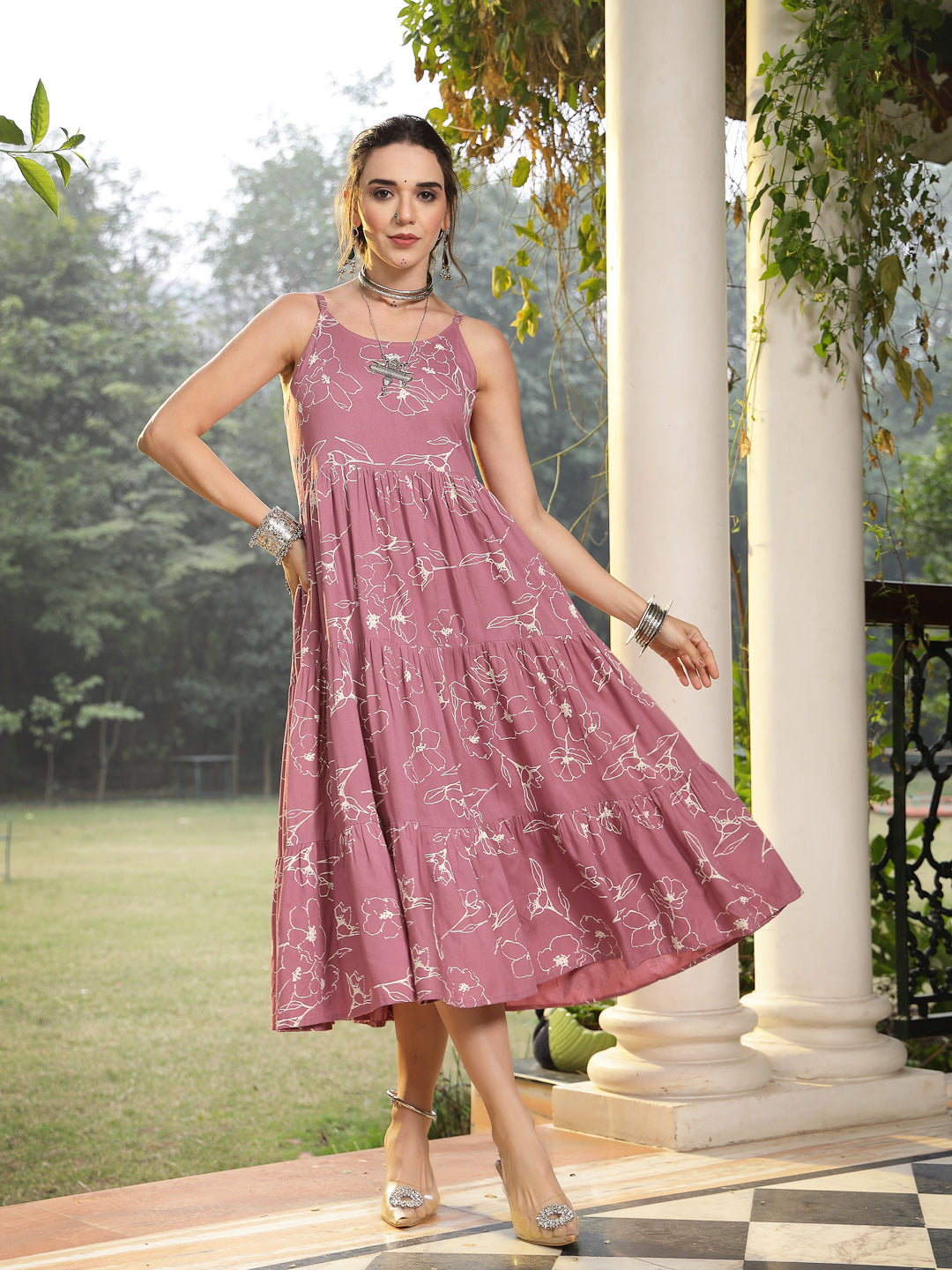 Women's Mauve Floral Printed Rayon Tiered Dress (DRSMAUVEBOLLY) | Desi