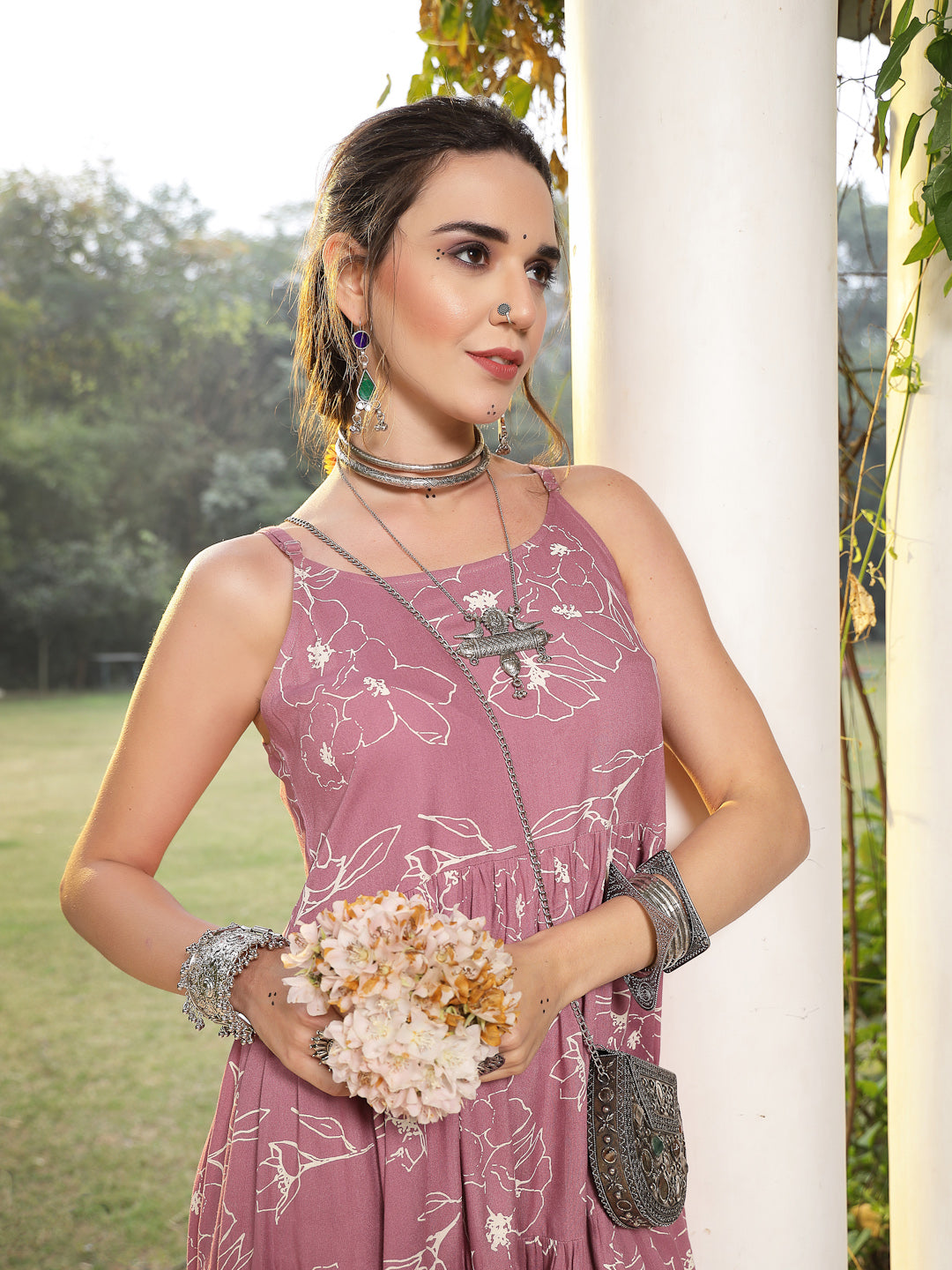 Women's Mauve Floral Printed Rayon Tiered Dress (DRSMAUVEBOLLY) | Desi